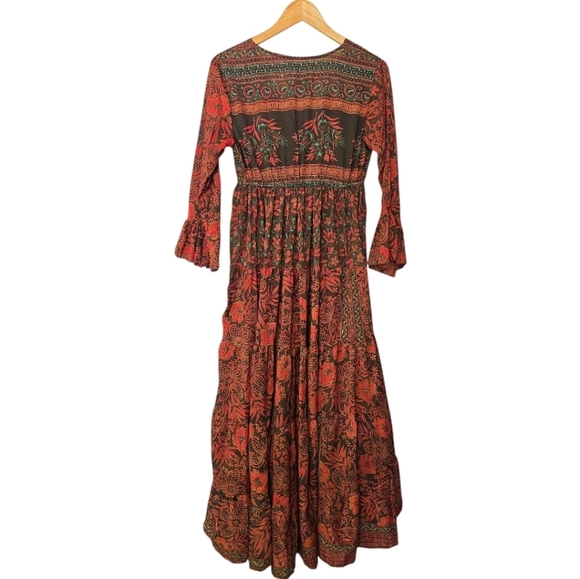 Chaudry | Renaissance Red Floral Boho Maxi Dress | Tiered Flutter Sleeve L - Picture 5 of 8